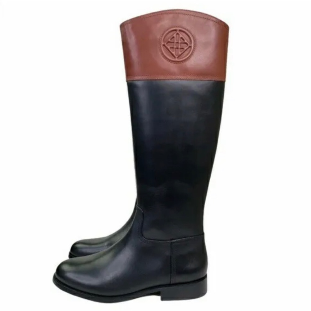 Black and brown wide calf leather knee high boots